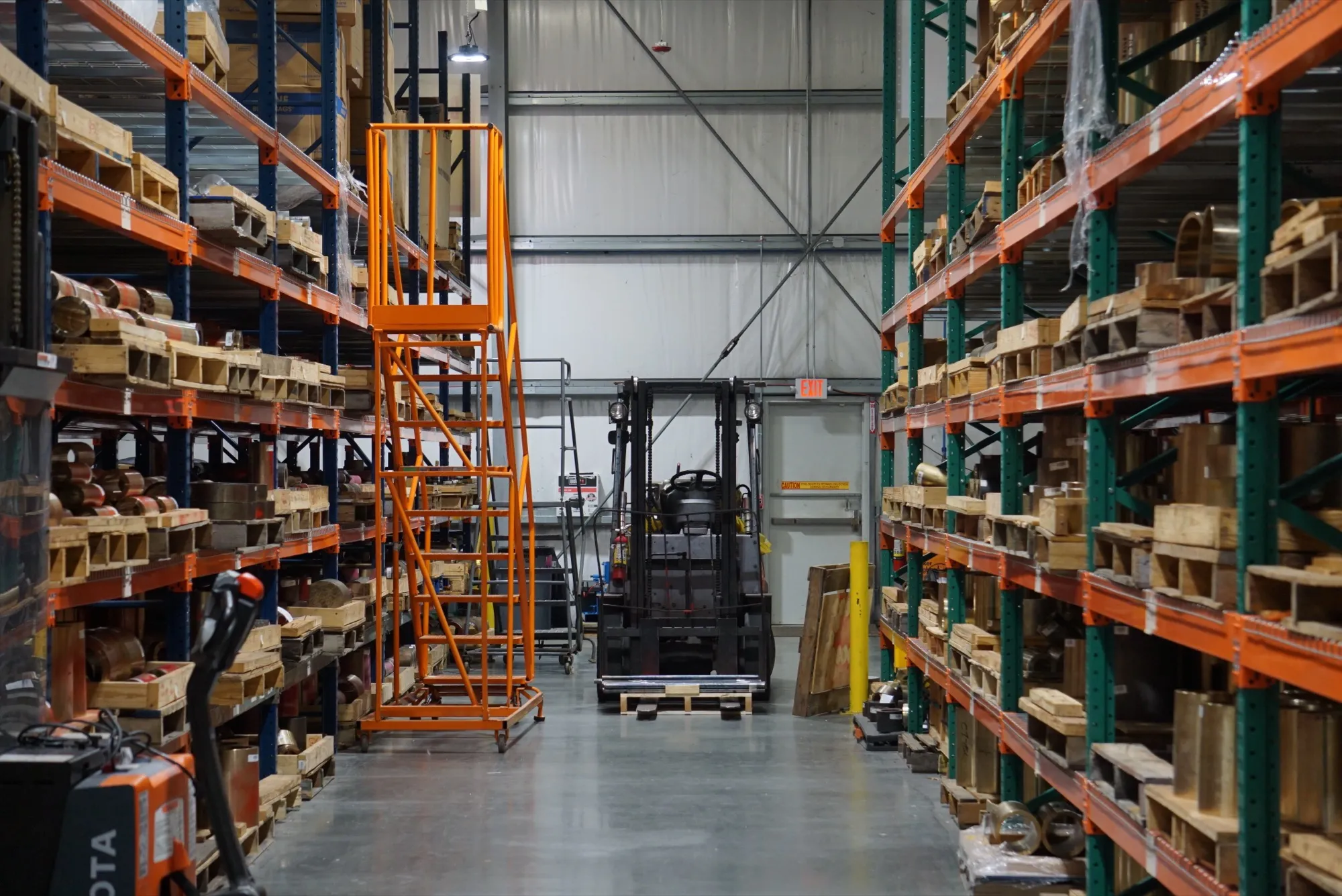 Warehouse aisle of aerospace material stock at the Jupiter, Florida facility
